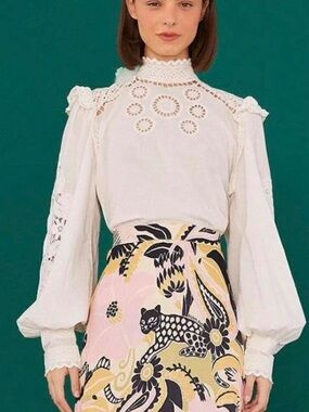 FARM Rio Off White Romantic Puff Sleeve Blouse